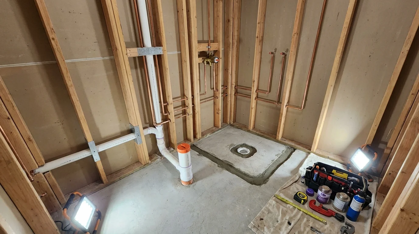 Bathroom rough-in plumbing during remodel by Johns Plumbing LLC in New Middletown
