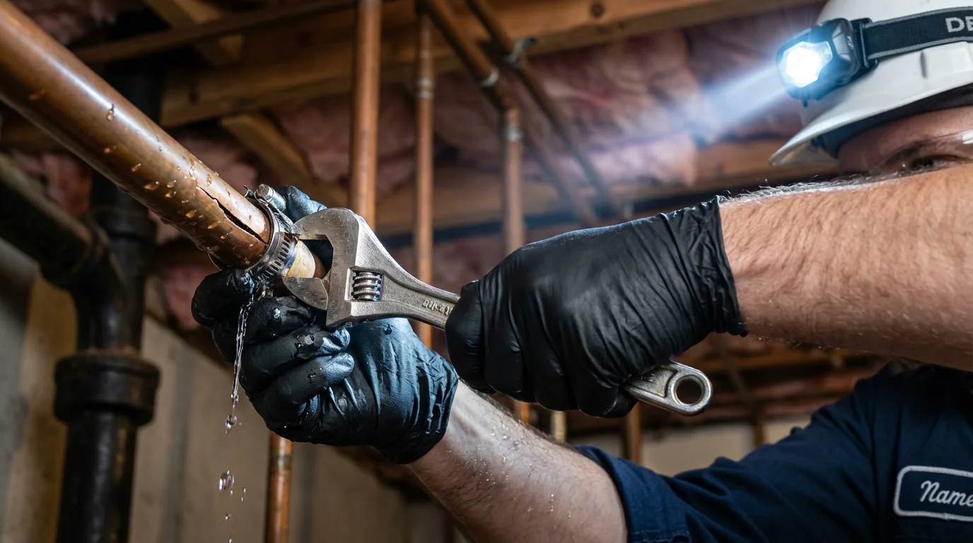 Emergency pipe clamp repair being performed by a Johns Plumbing LLC plumber in New Middletown