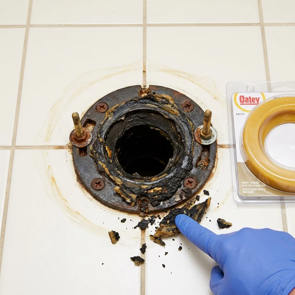 Failed wax ring showing water seepage at the base of a toilet in a New Middletown, OH home