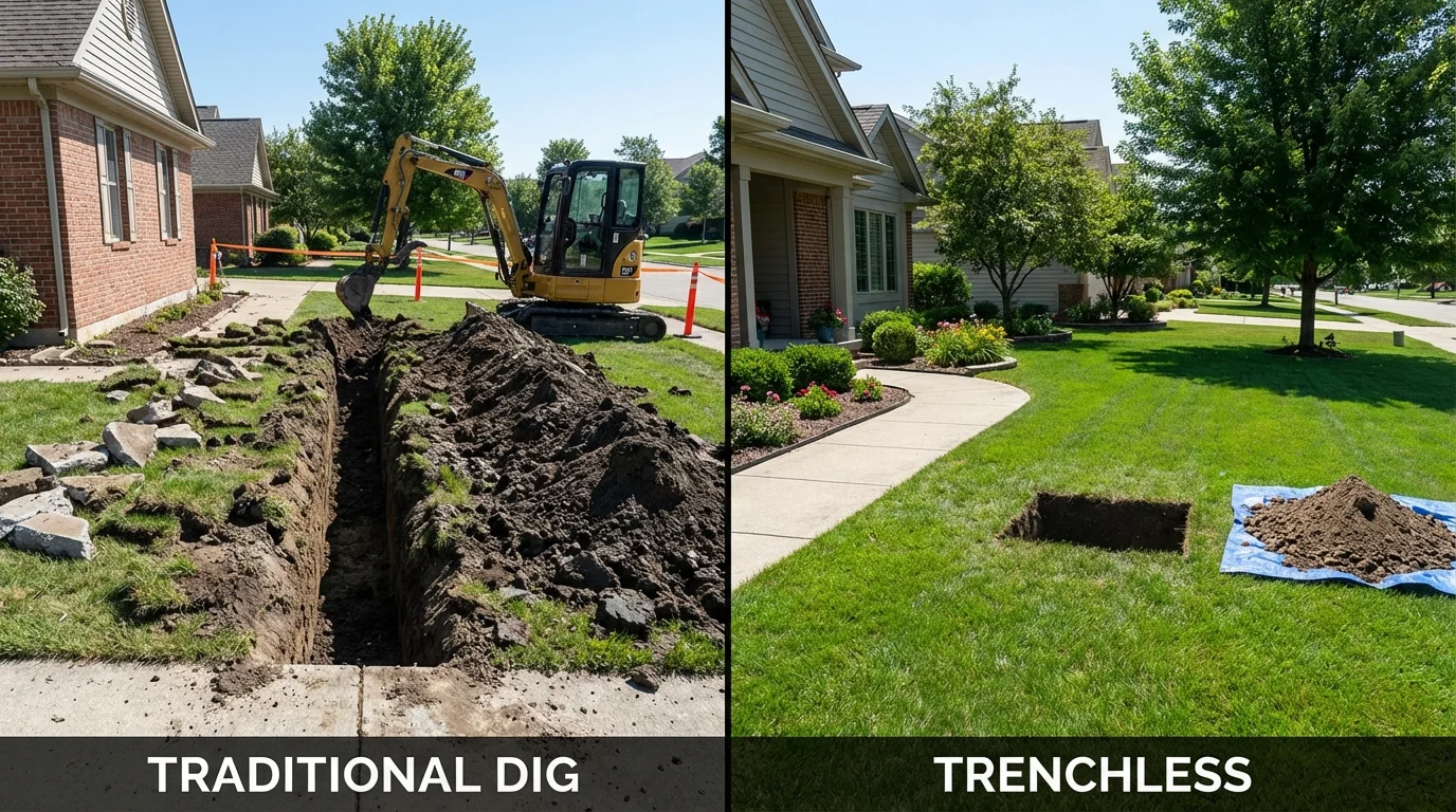 Trenchless sewer repair with minimal yard damage versus traditional excavation in New Middletown, OH