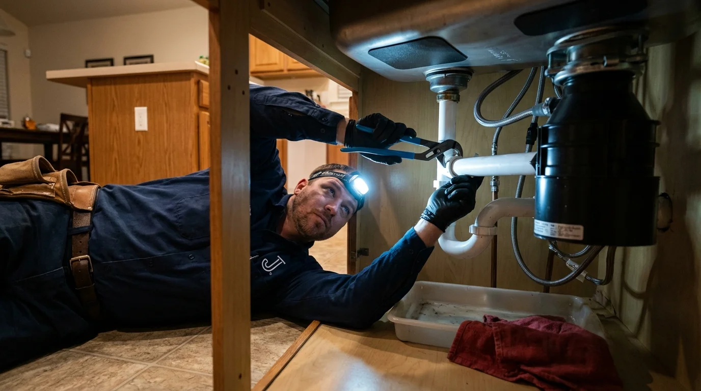 P-trap and supply line connections under a kitchen sink showing a common leak point in New Middletown, OH
